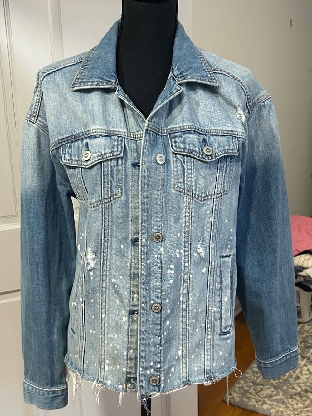 Hollister Light Blue Distressed Denim Jacket with Paint-Splatter